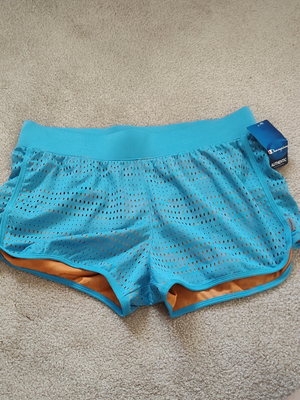 Champion Women's Turquoise Mesh Shorts with Orange Liner